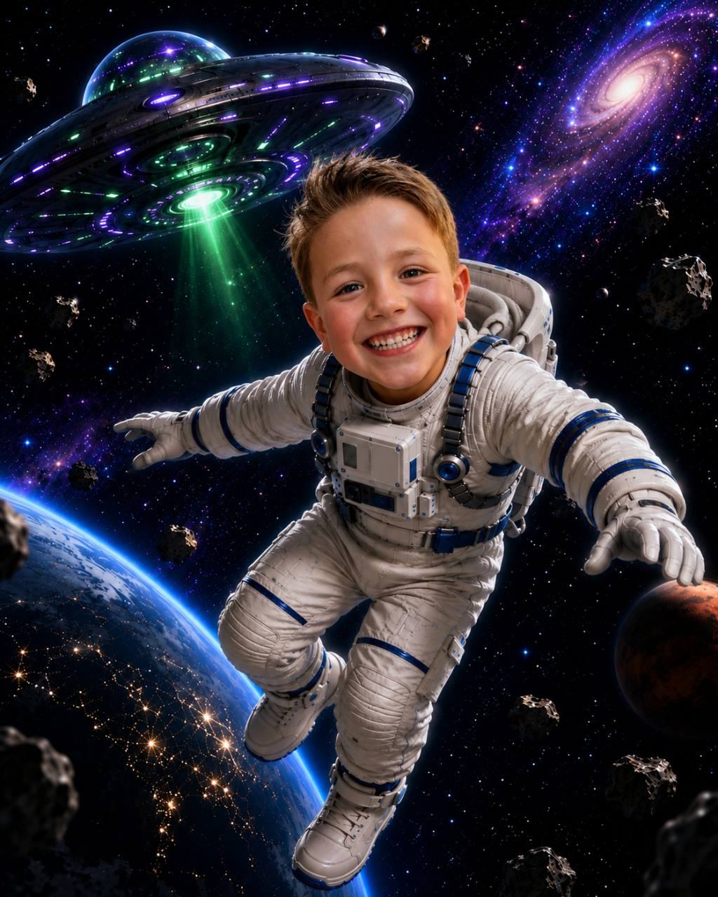 Berty floating through space as a Future Superstar