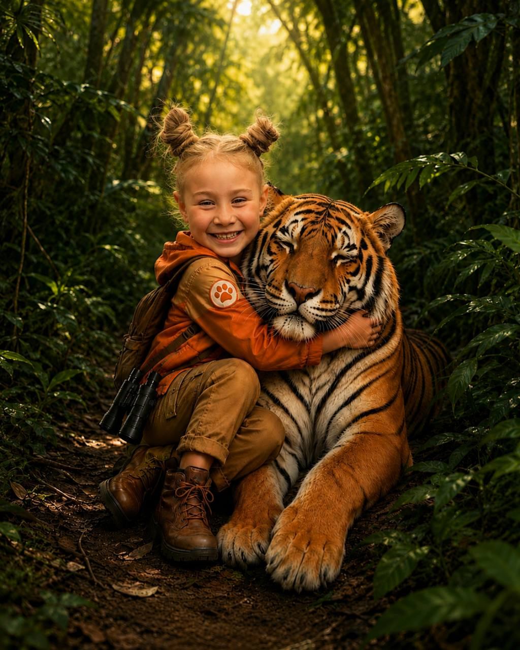 Bonnie hugging a tiger as an Animal Superstar in the jungle