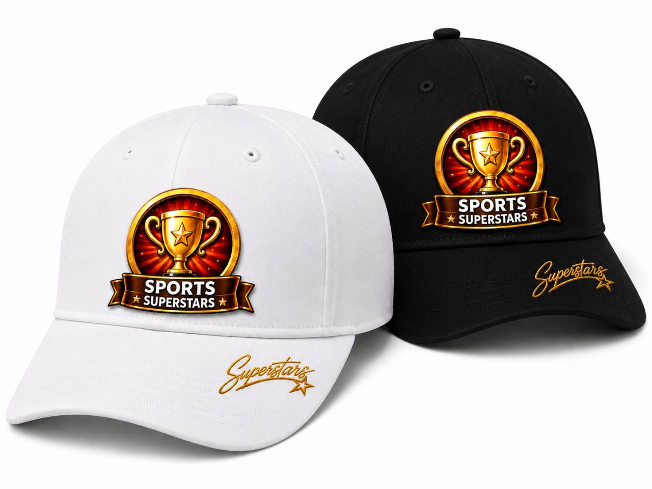 White and black SuperStars hats with Tommy football design