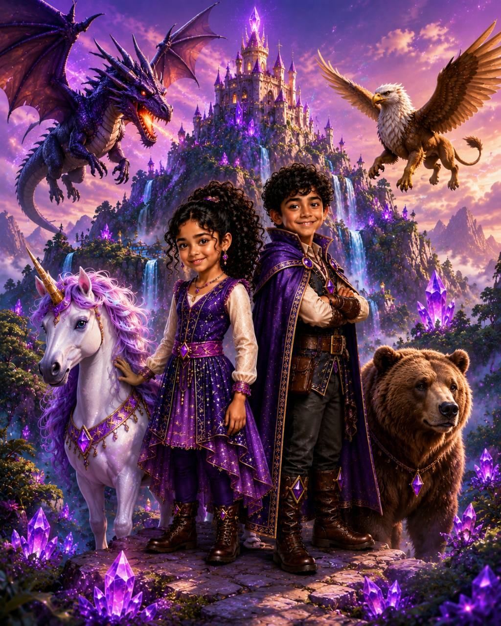 Ami and Imran at Magic Mountain with magical creatures