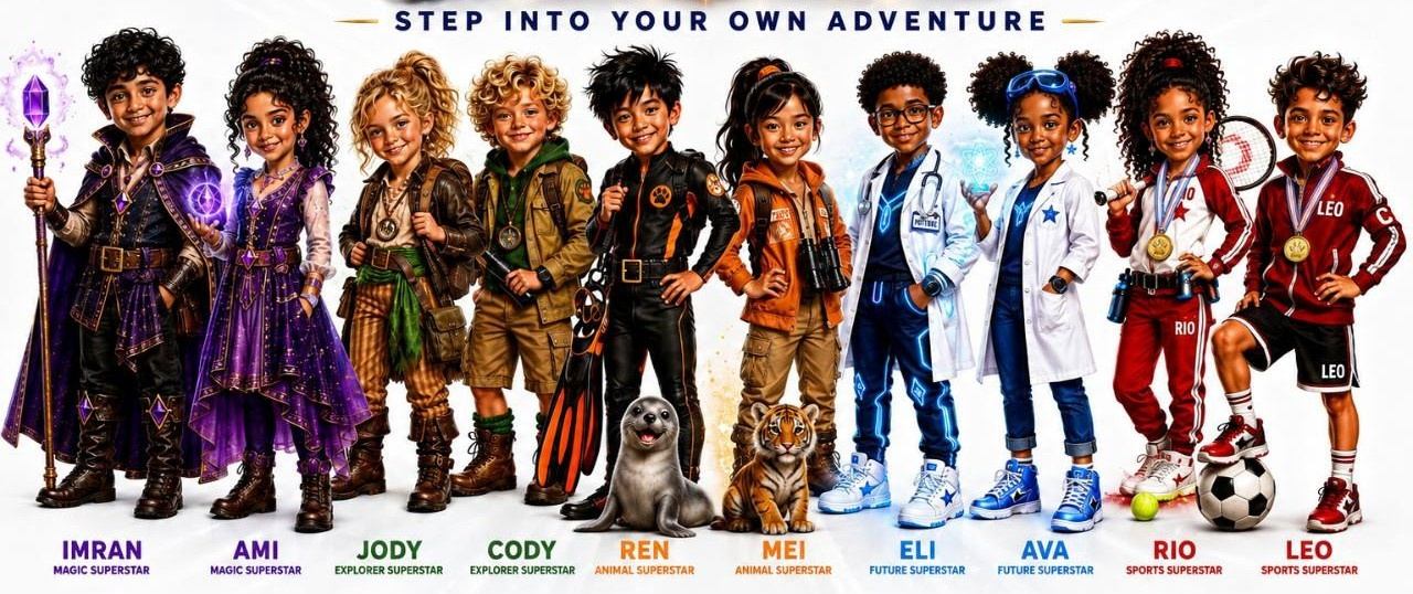 SuperStars lineup showing children as magic, explorer, animal, future, and sports characters