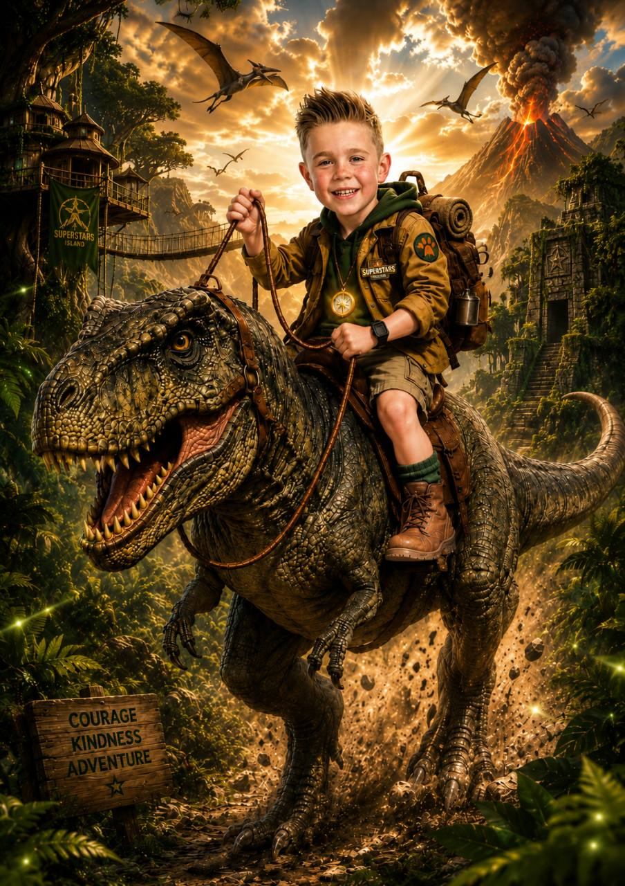 Theo riding a dinosaur through Explorer Jungle