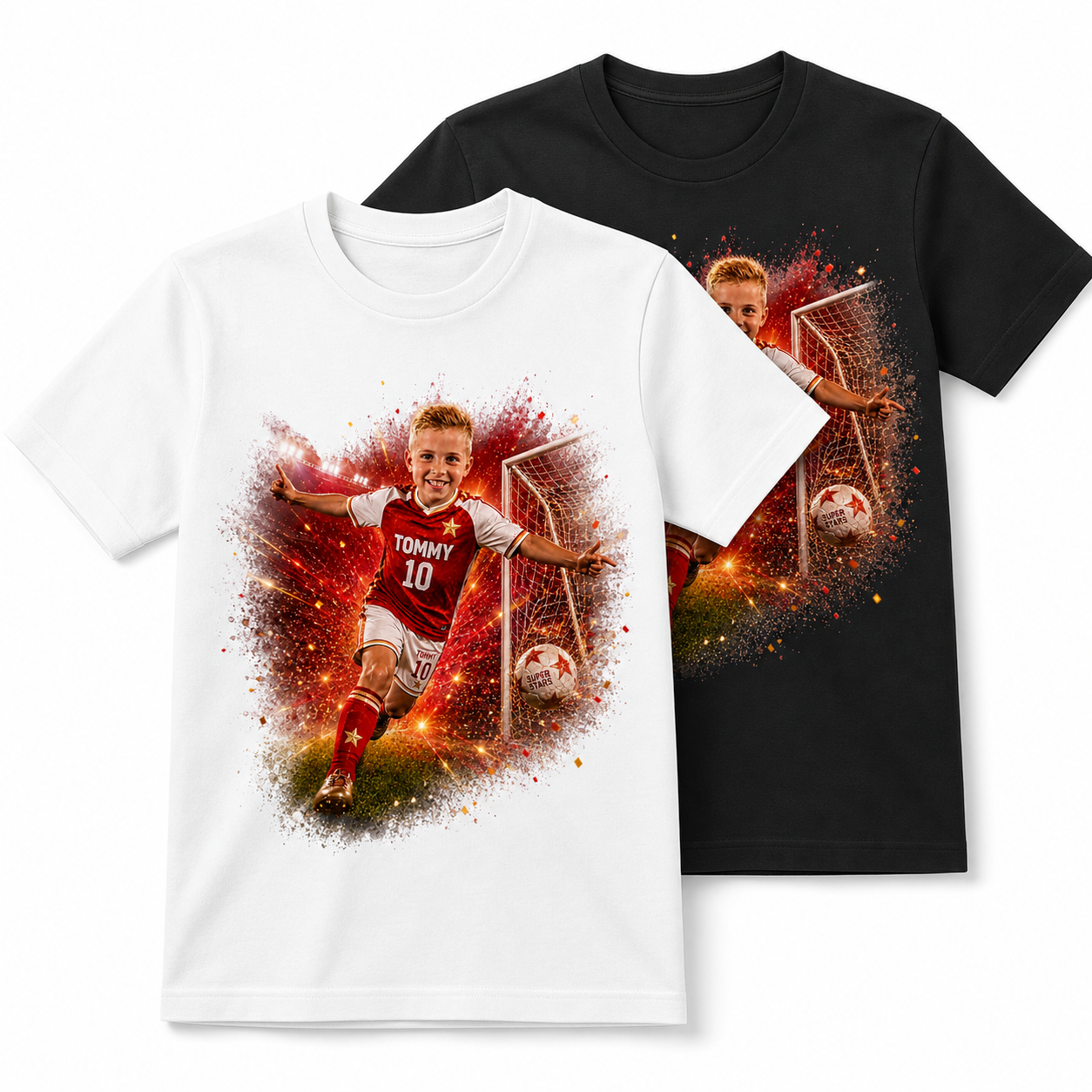 White T-shirt with black T-shirt behind, showing a SuperStars football design